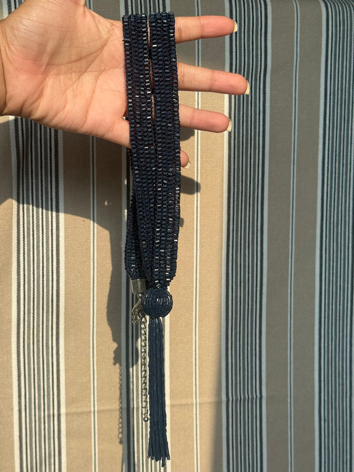 Navy Blue Beaded Tassel Long Necklace