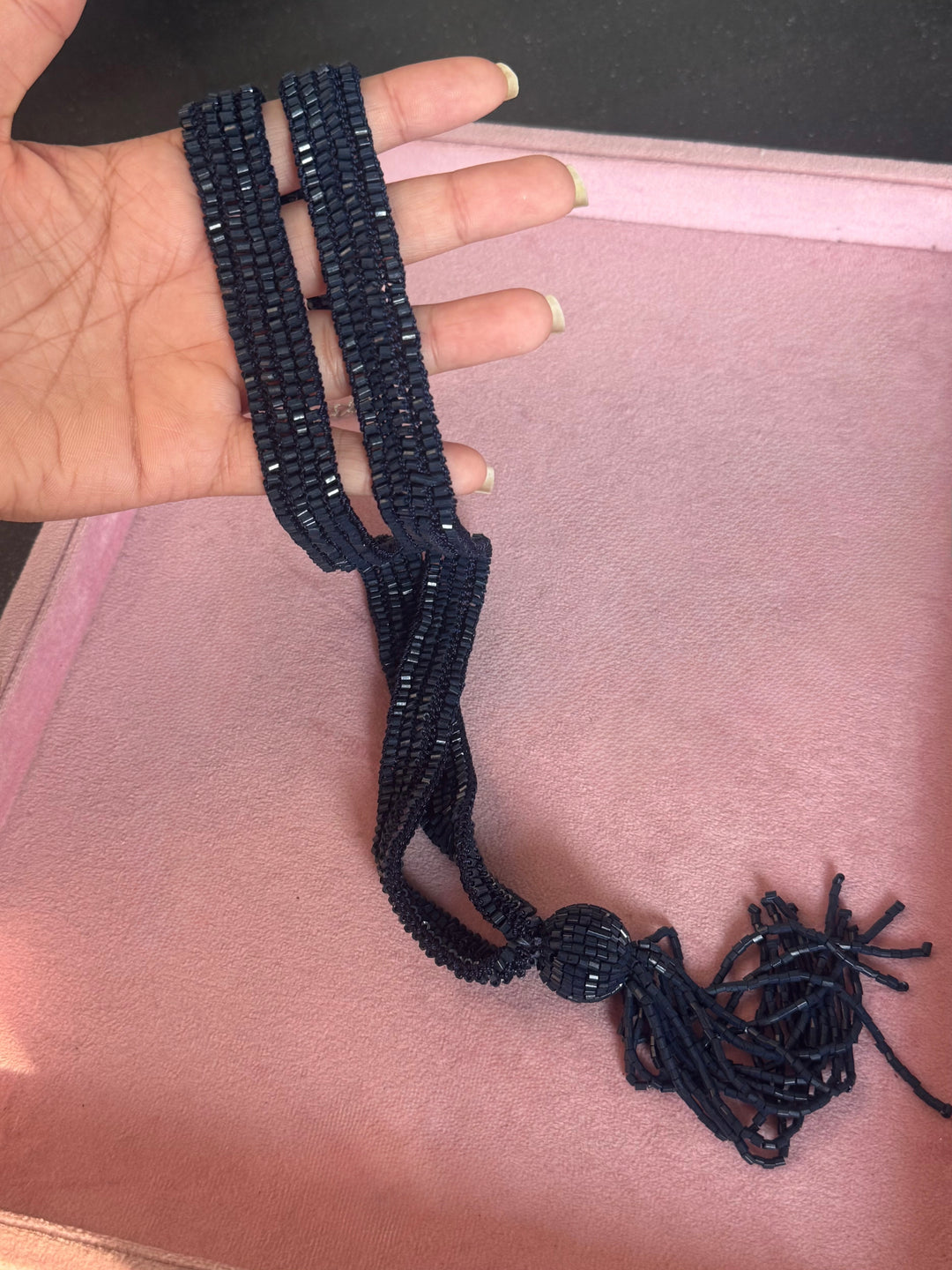 Navy Blue Beaded Tassel Long Necklace