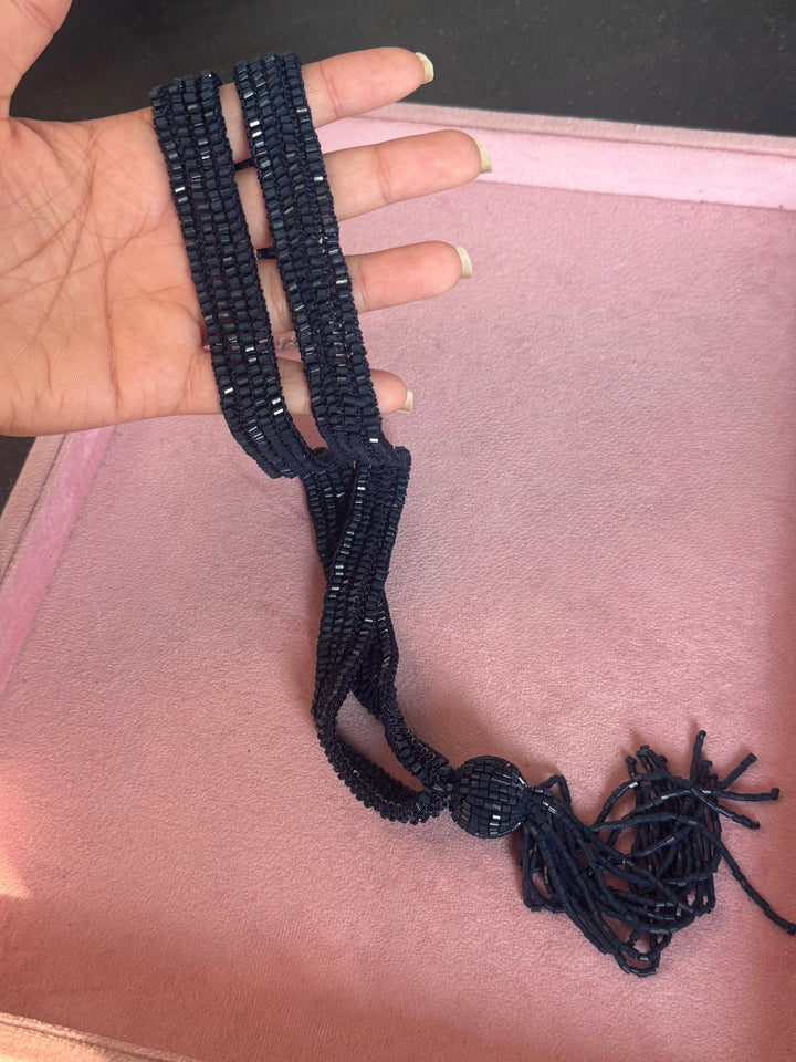 Navy Blue Beaded Tassel Long Necklace