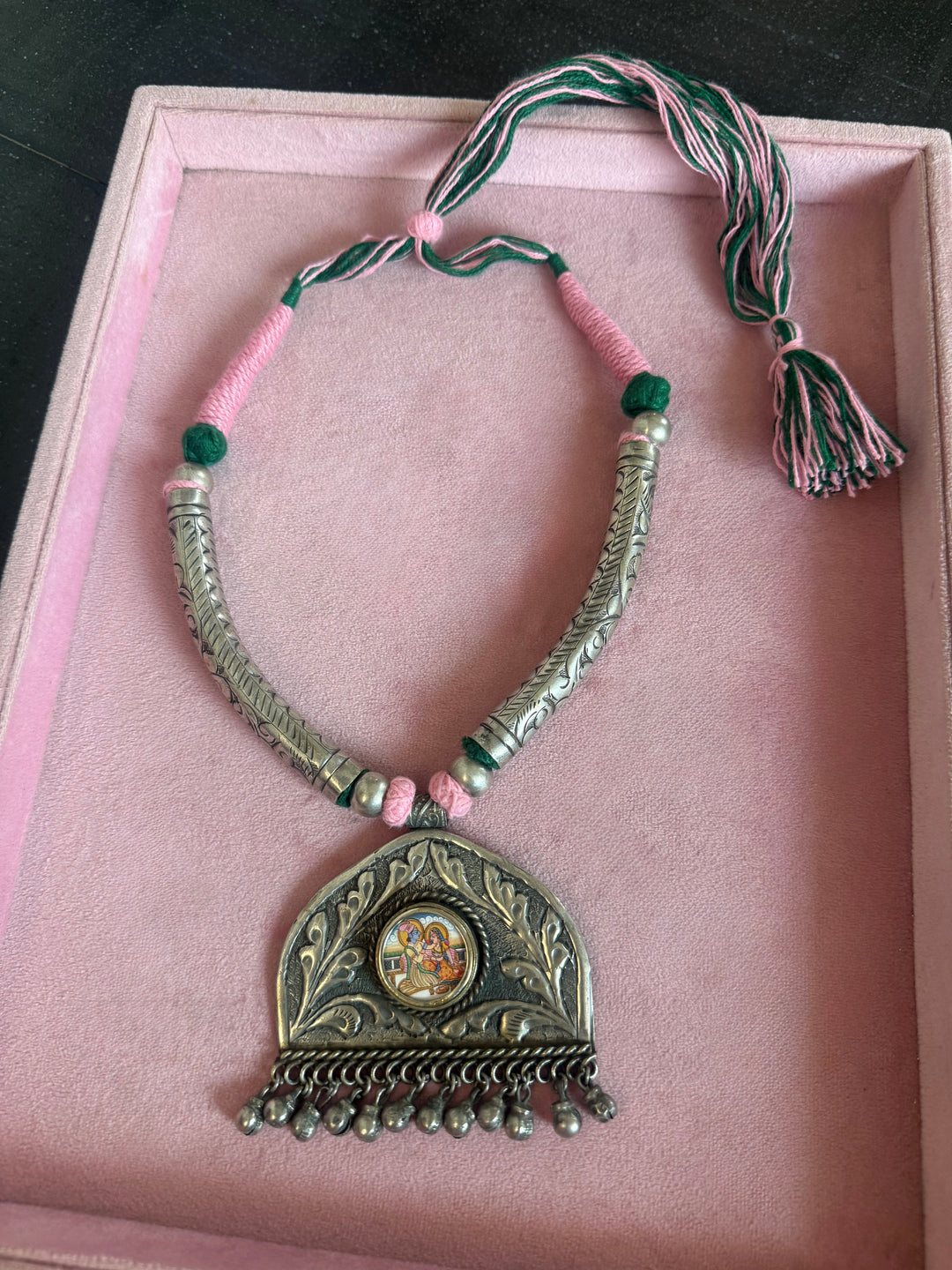 Hand-Painted Radha Krishna Tribal Pendant Necklace