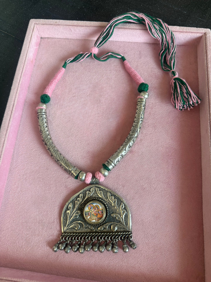 Hand-Painted Radha Krishna Tribal Pendant Necklace