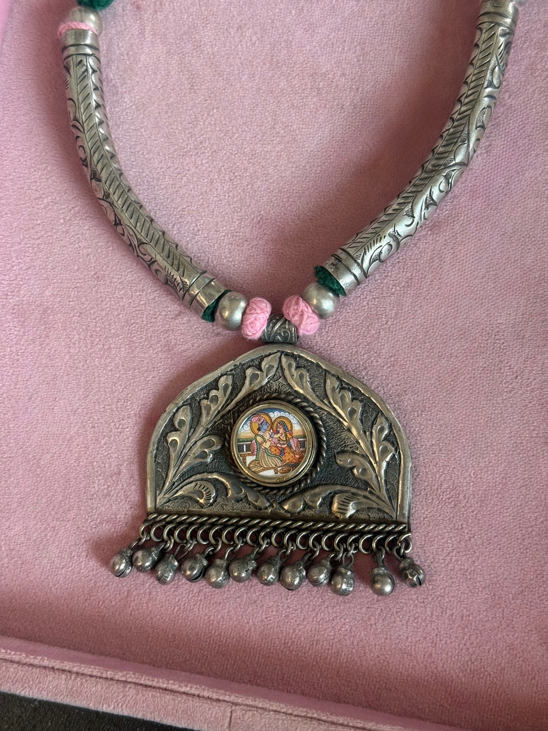 Hand-Painted Radha Krishna Tribal Pendant Necklace