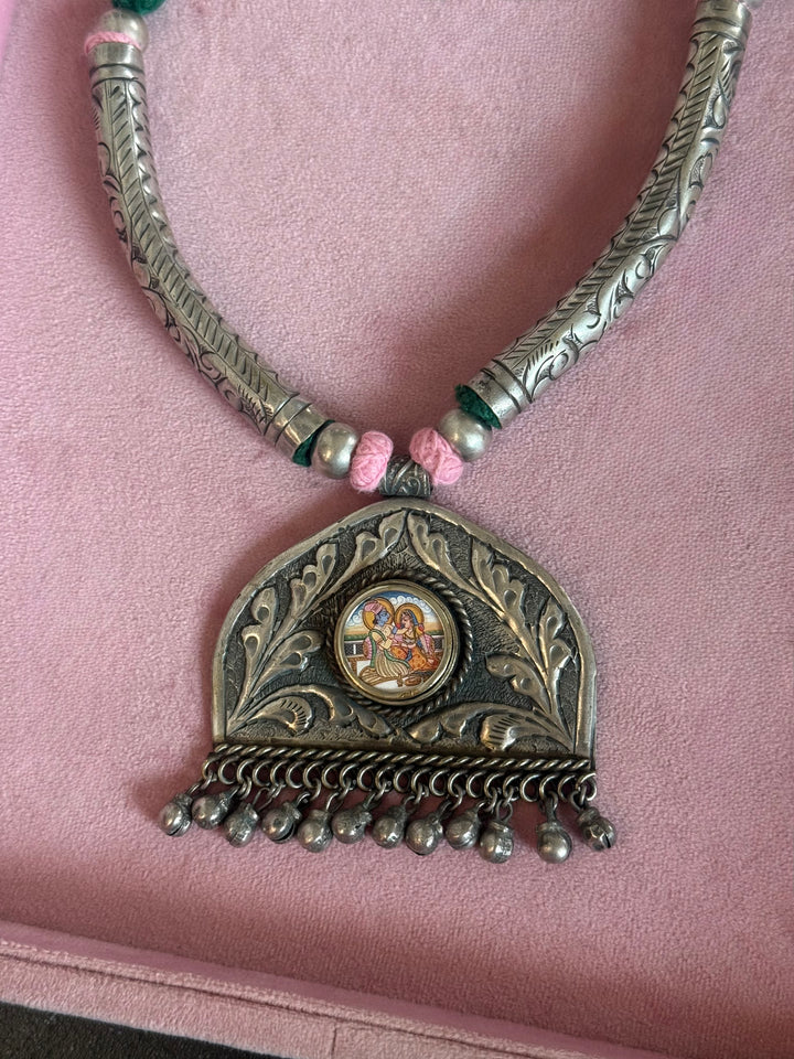 Hand-Painted Radha Krishna Tribal Pendant Necklace