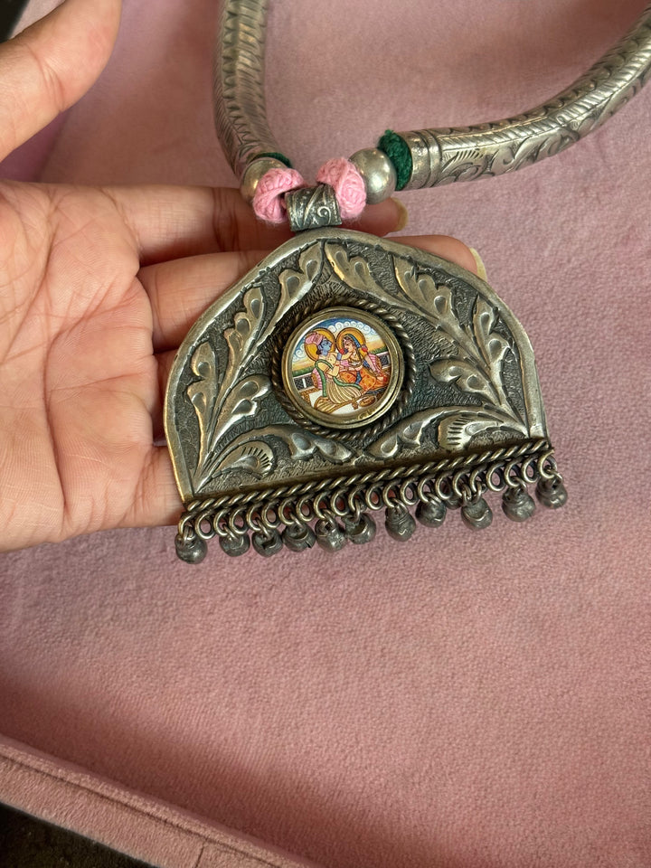 Hand-Painted Radha Krishna Tribal Pendant Necklace