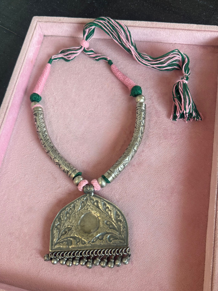 Hand-Painted Radha Krishna Tribal Pendant Necklace