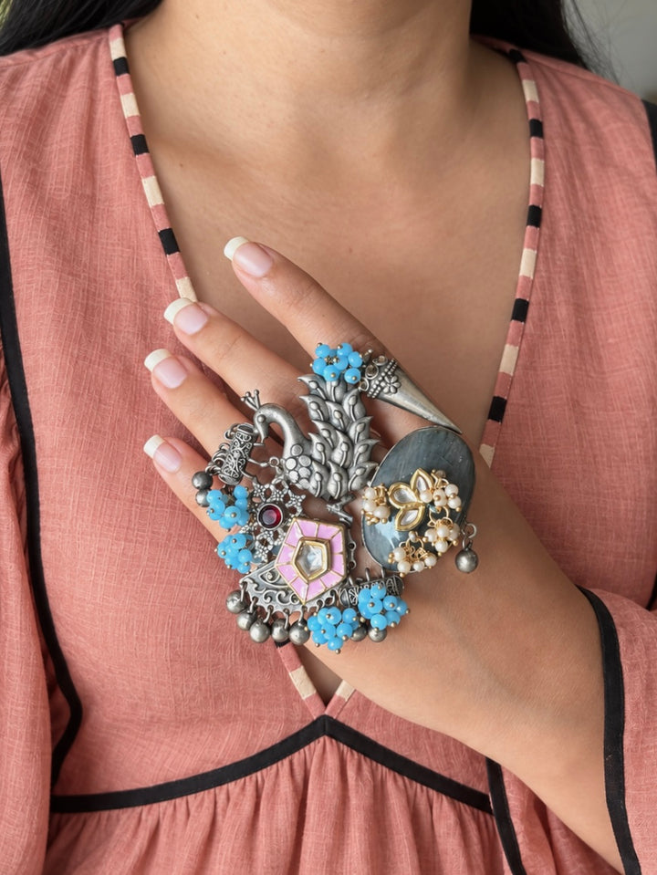 Labradorite Peacock Ghungroo Haathphool Ring