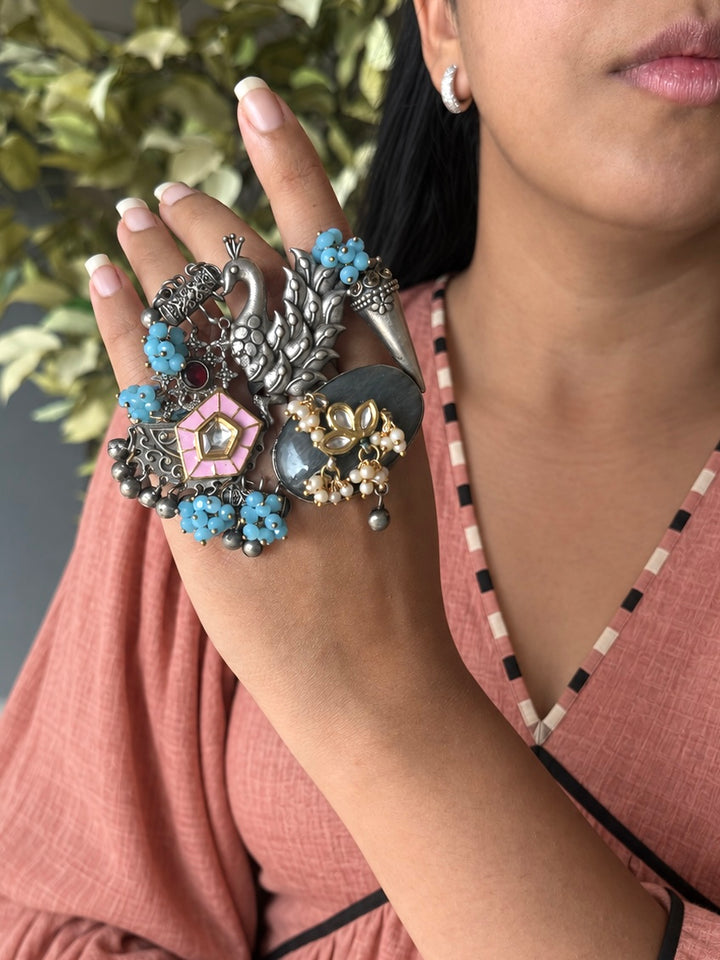 Labradorite Peacock Ghungroo Haathphool Ring