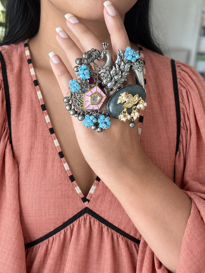 Labradorite Peacock Ghungroo Haathphool Ring