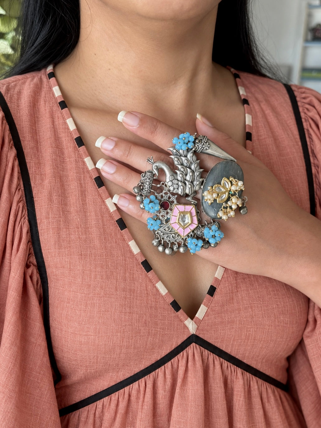 Labradorite Peacock Ghungroo Haathphool Ring