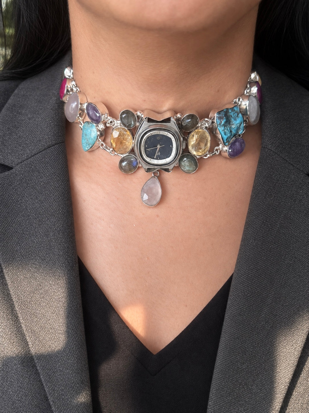 Vintage Watch Multigemstone Choker Necklace