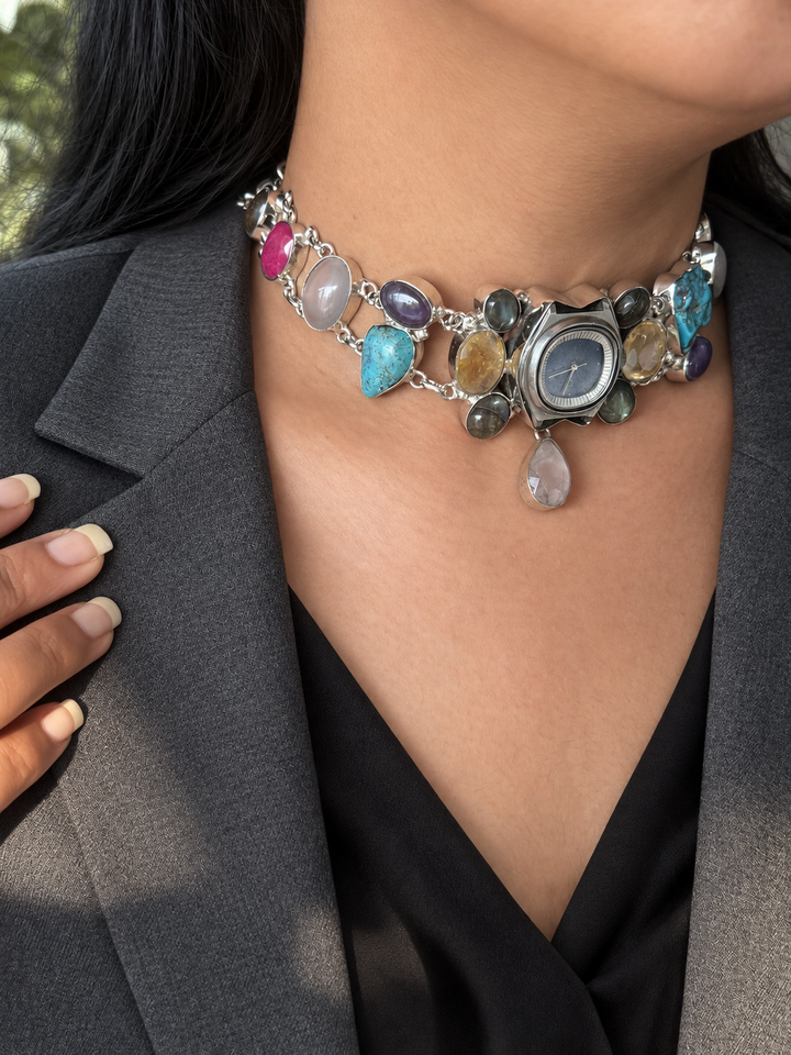 Vintage Watch Multigemstone Choker Necklace