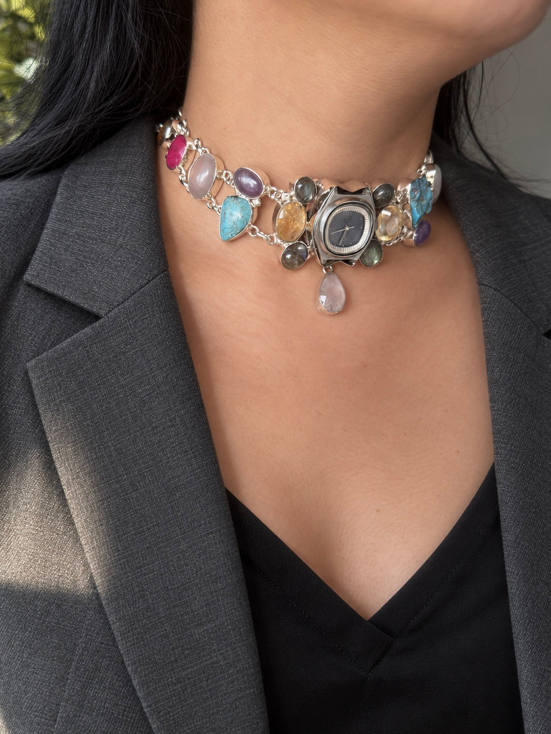 Vintage Watch Multigemstone Choker Necklace