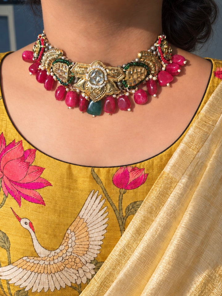 Green and Ruby-Red Temple Kundan Fusion Choker