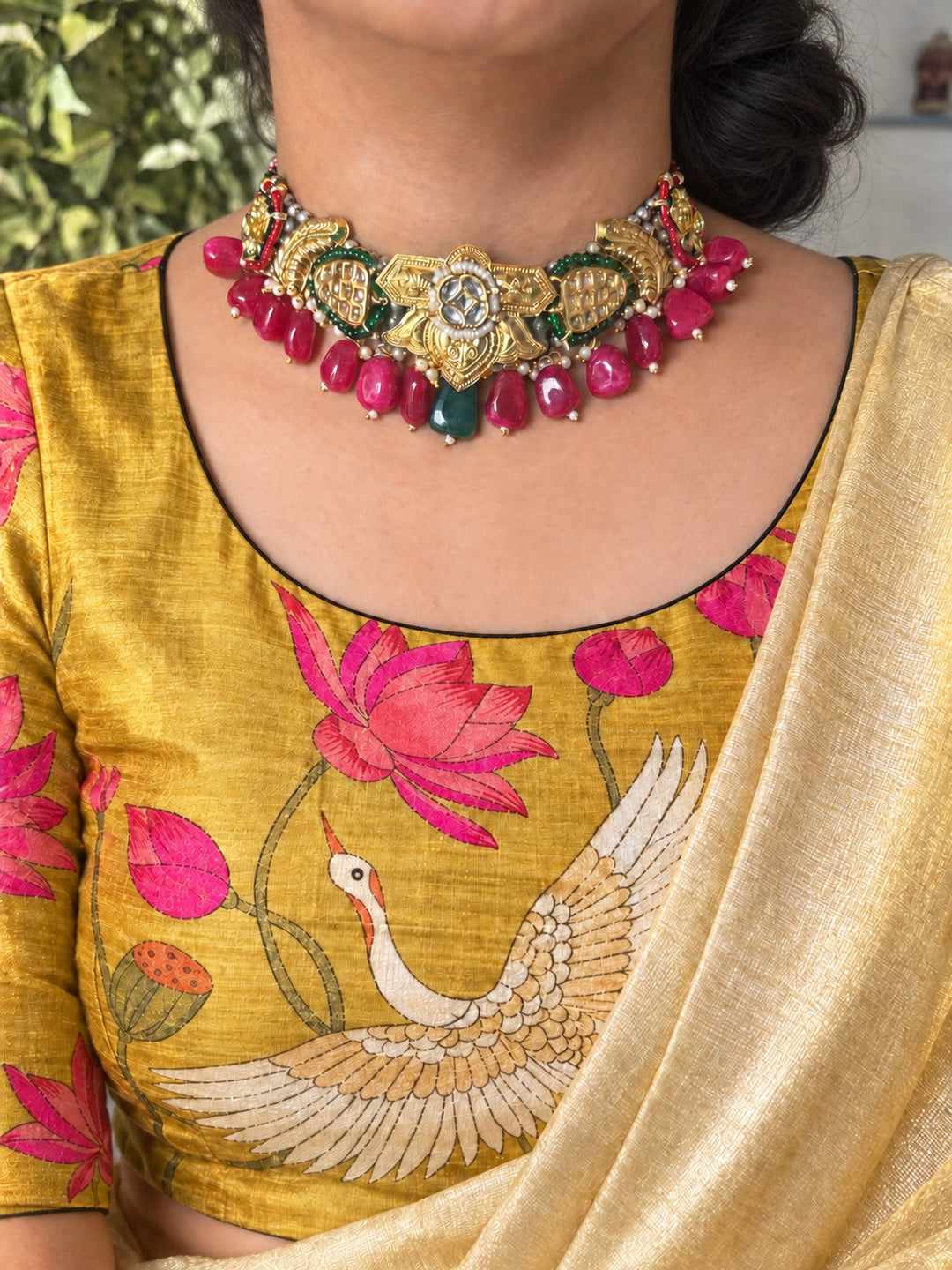 Green and Ruby-Red Temple Kundan Fusion Choker