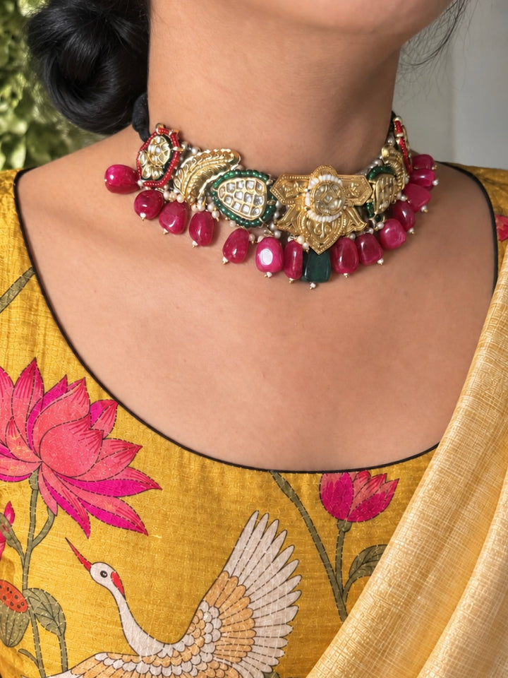 Green and Ruby-Red Temple Kundan Fusion Choker