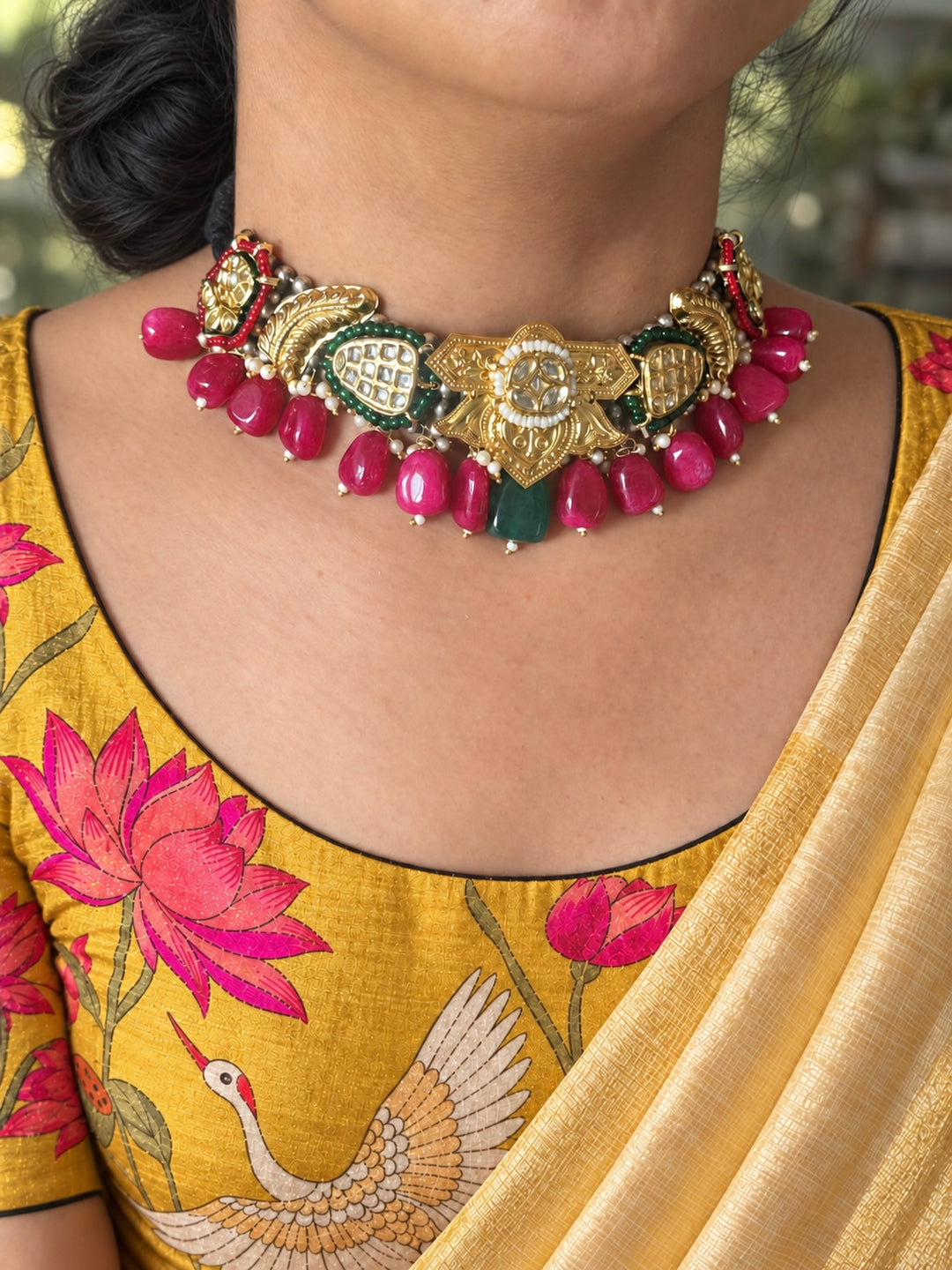 Green and Ruby-Red Temple Kundan Fusion Choker