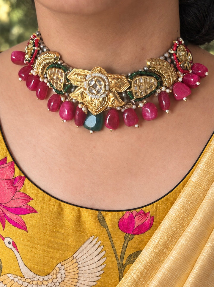 Green and Ruby-Red Temple Kundan Fusion Choker