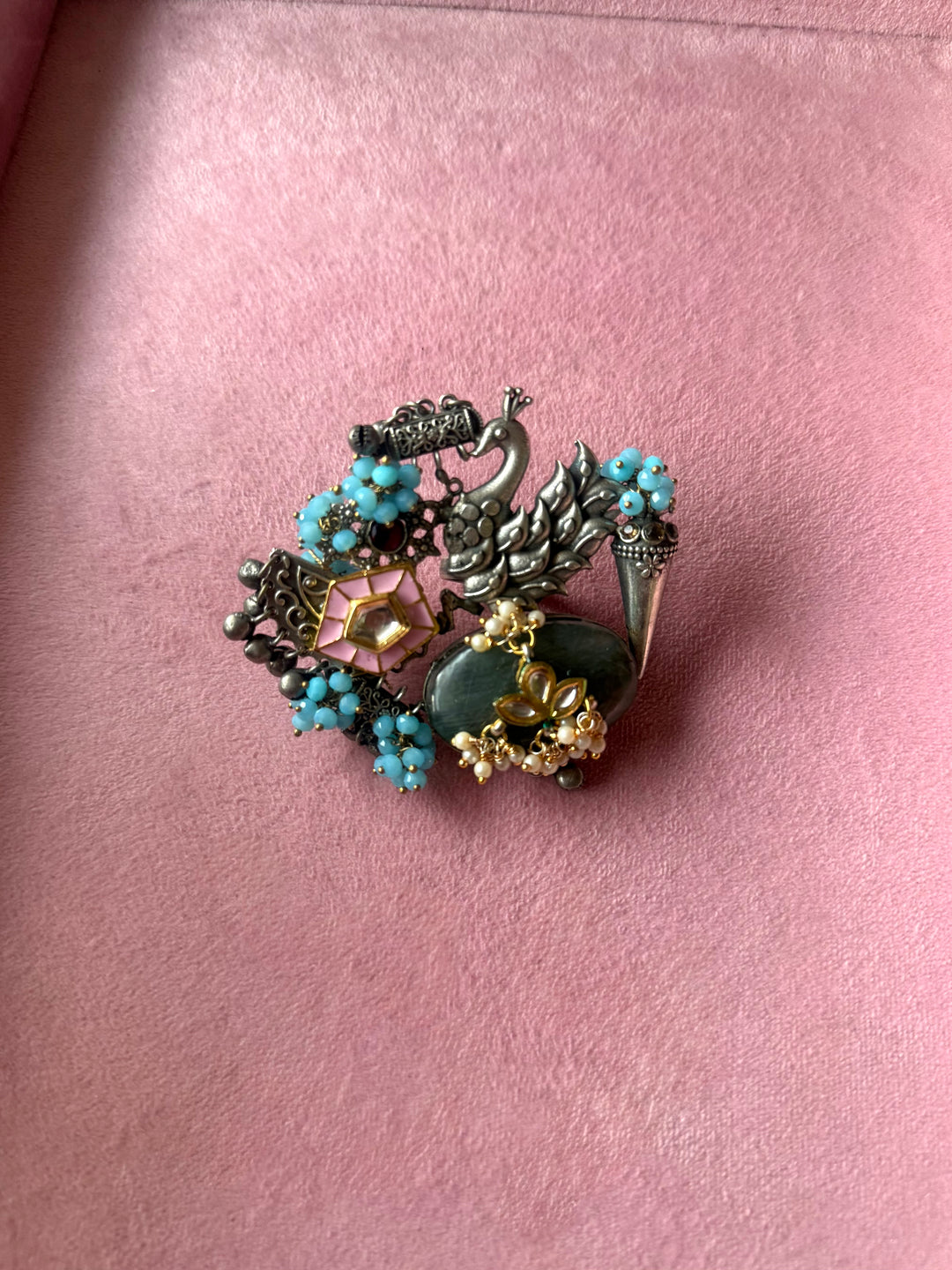 Labradorite Peacock Ghungroo Haathphool Ring