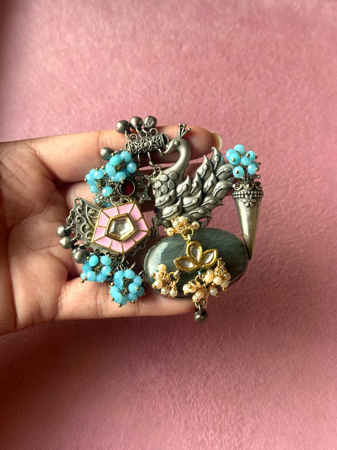 Labradorite Peacock Ghungroo Haathphool Ring