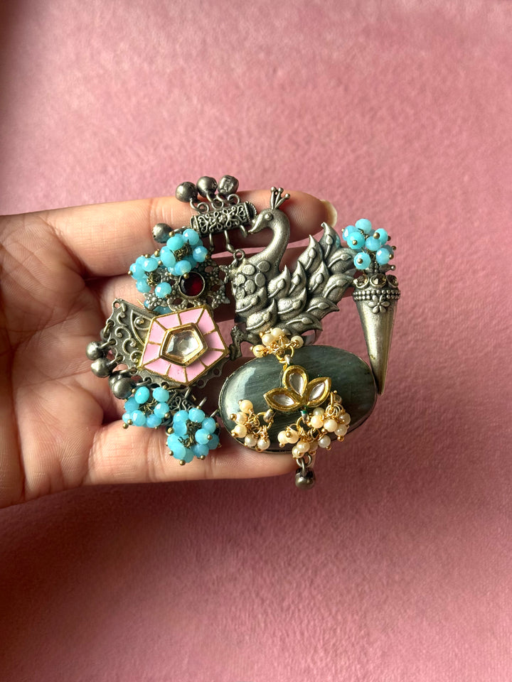 Labradorite Peacock Ghungroo Haathphool Ring