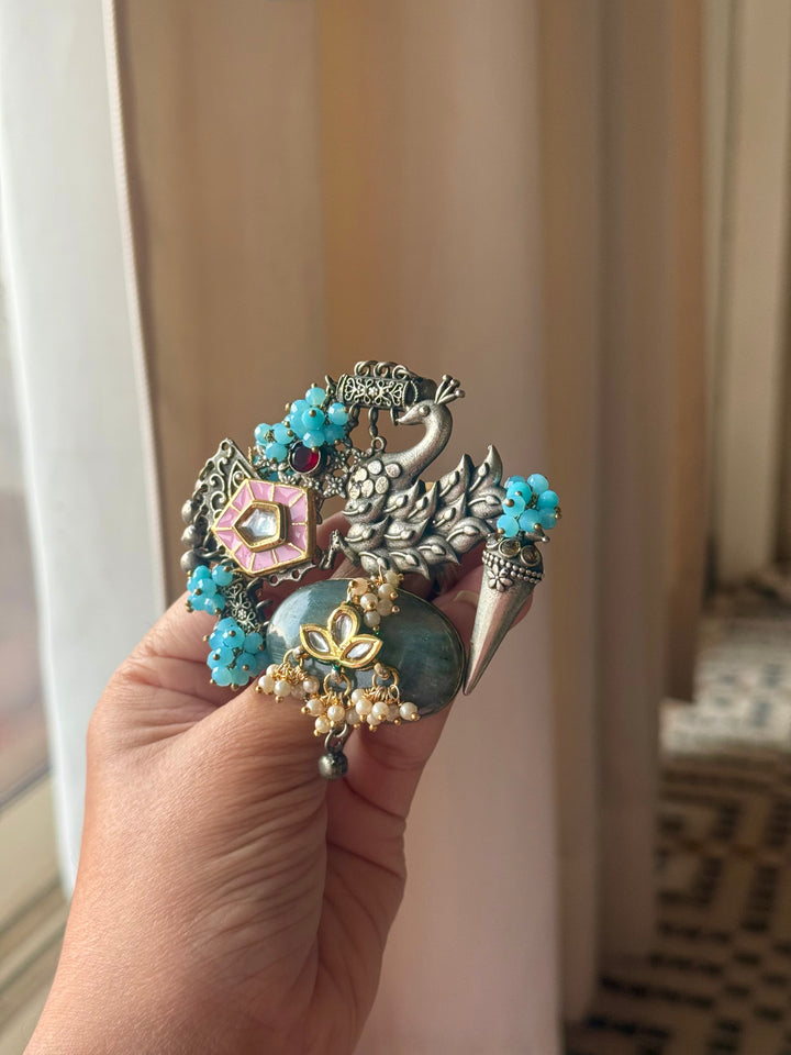 Labradorite Peacock Ghungroo Haathphool Ring