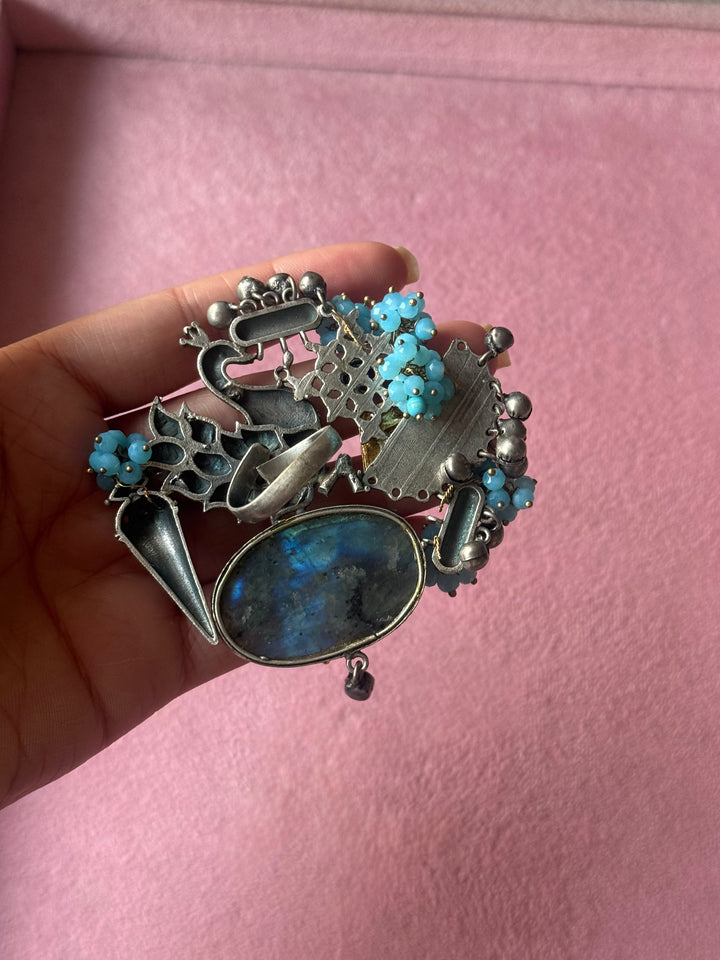 Labradorite Peacock Ghungroo Haathphool Ring