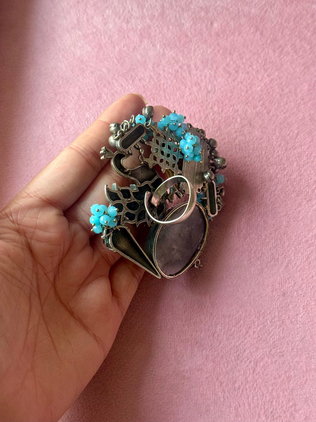 Labradorite Peacock Ghungroo Haathphool Ring