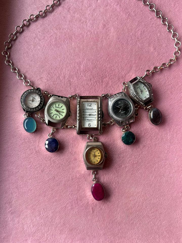 Vintage Watch Heads Gemstone Statement Necklace