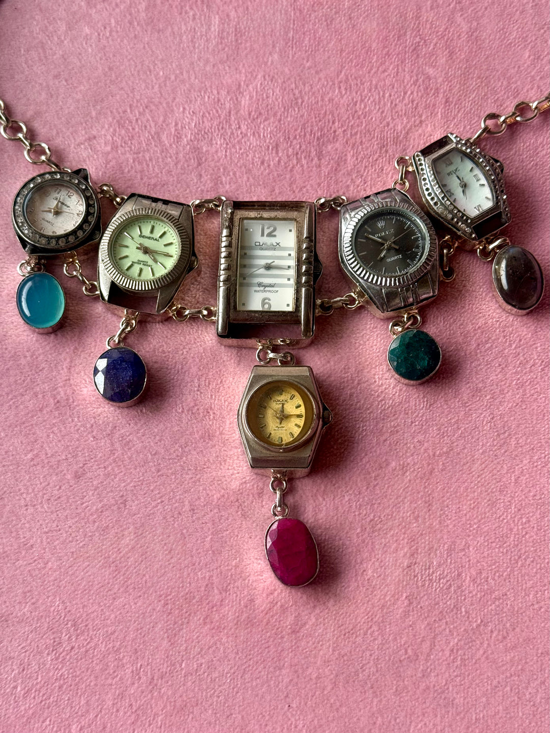 Vintage Watch Heads Gemstone Statement Necklace