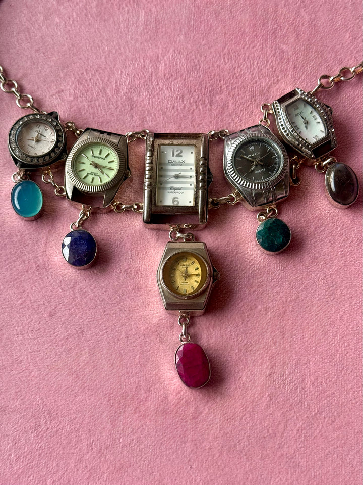 Vintage Watch Heads Gemstone Statement Necklace