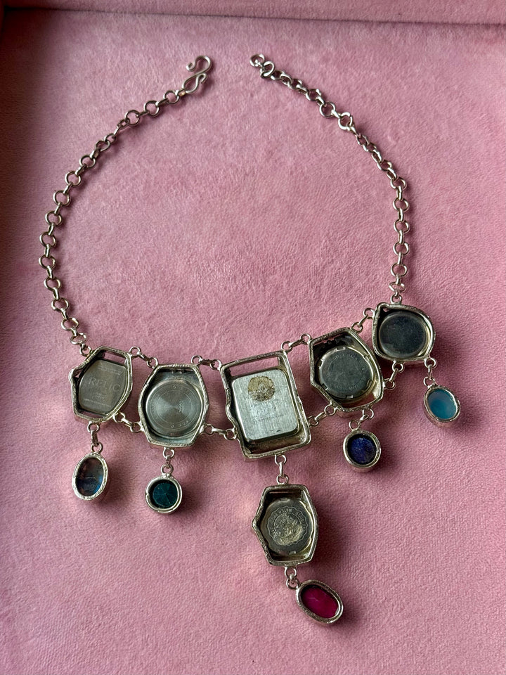 Vintage Watch Heads Gemstone Statement Necklace