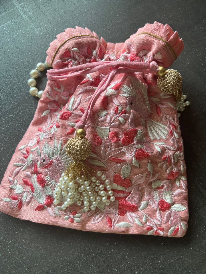 Pink Embroidered Silk Potli Bag