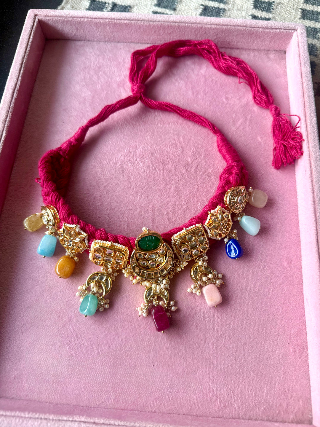 Pink Braided Kundan Motif Fusion Necklace