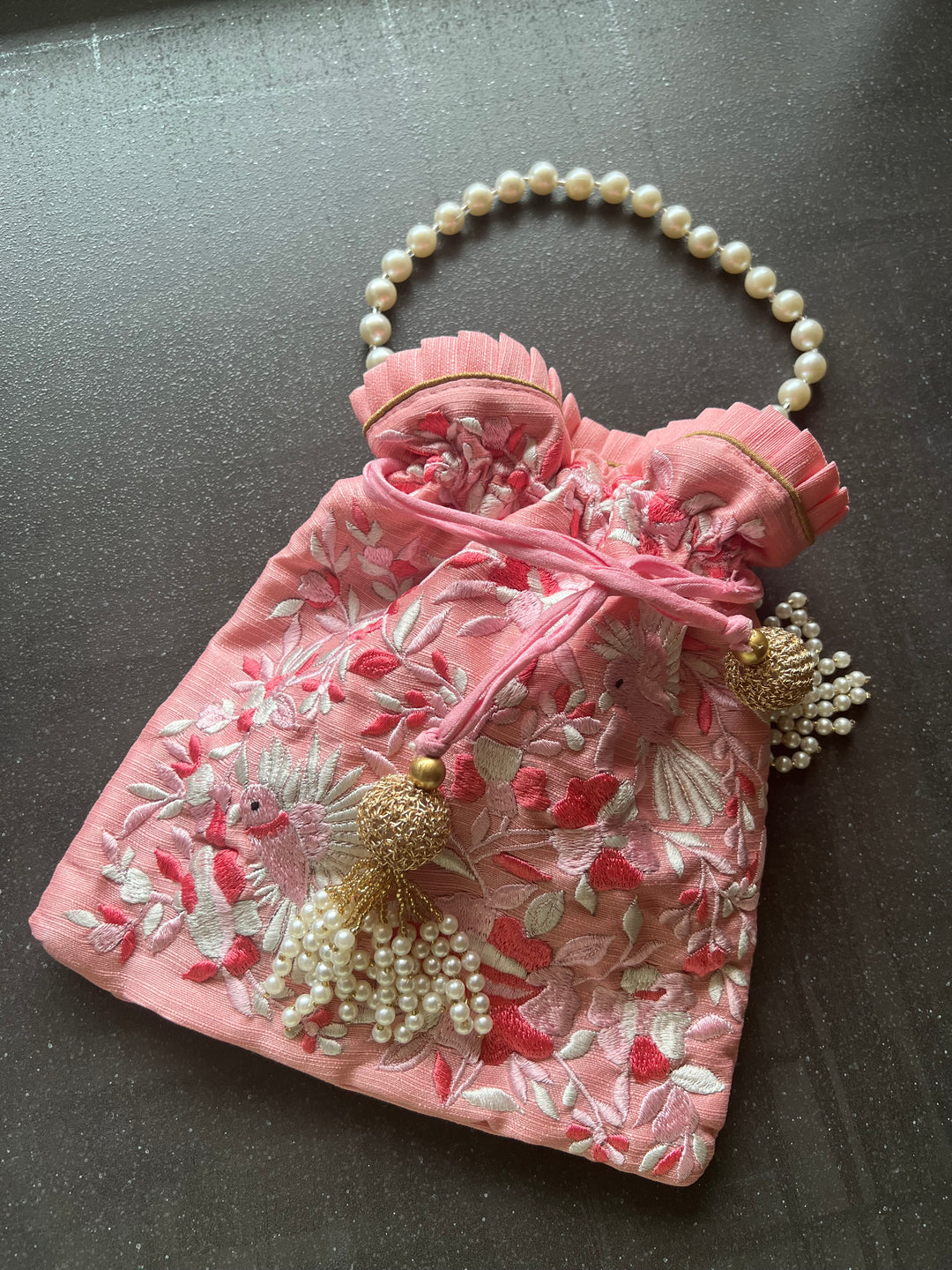 Pink Embroidered Silk Potli Bag