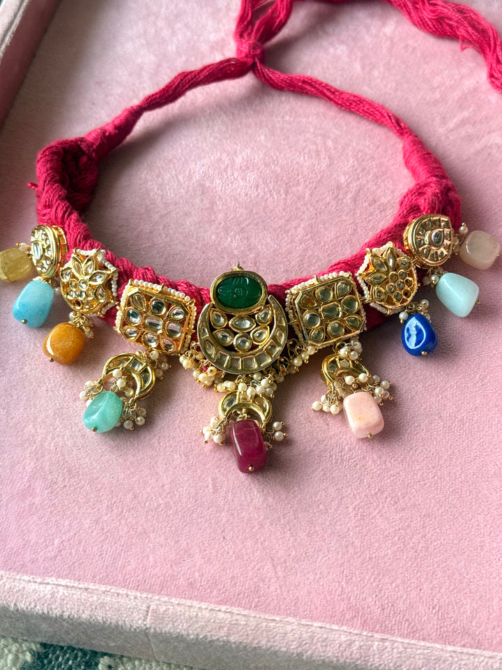 Pink Braided Kundan Motif Fusion Necklace