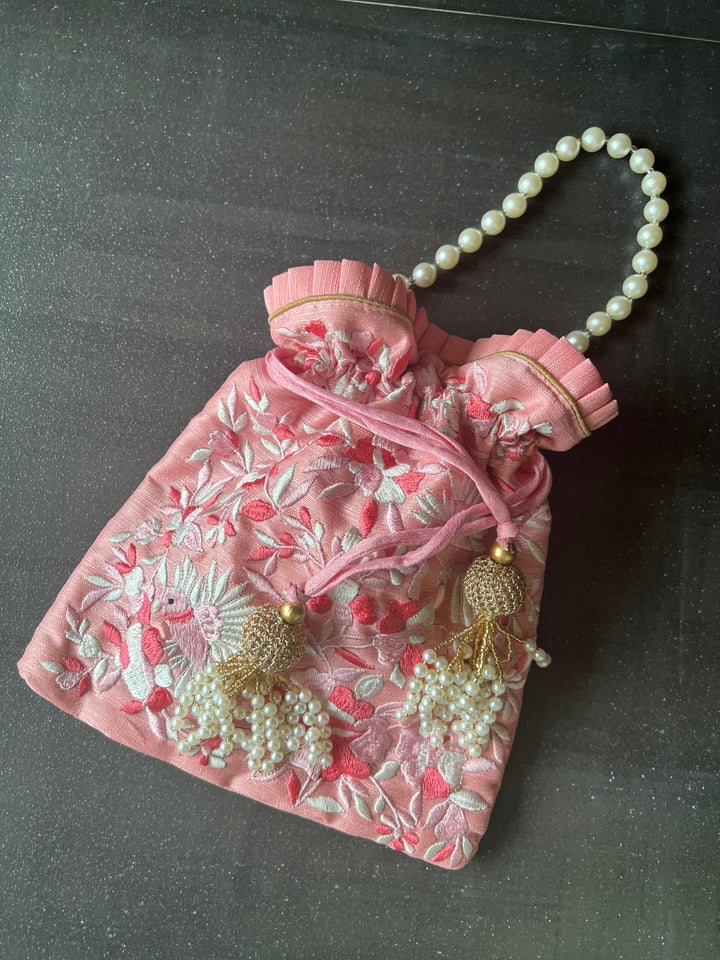 Pink Embroidered Silk Potli Bag