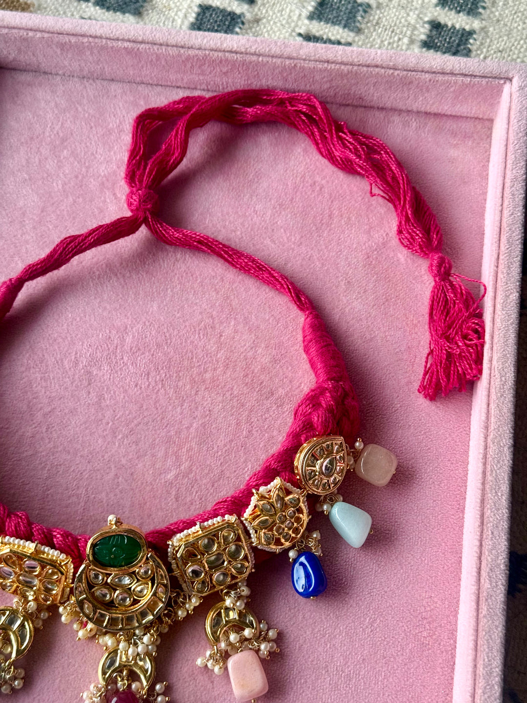 Pink Braided Kundan Motif Fusion Necklace
