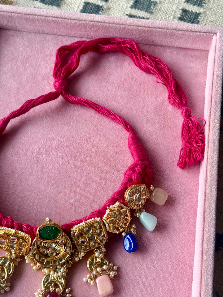 Pink Braided Kundan Motif Fusion Necklace