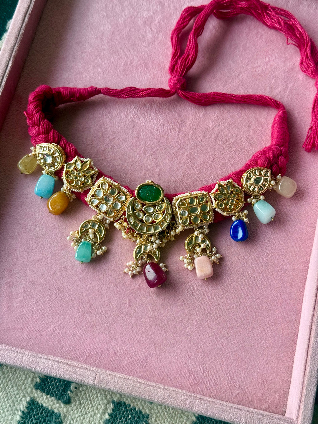 Pink Braided Kundan Motif Fusion Necklace