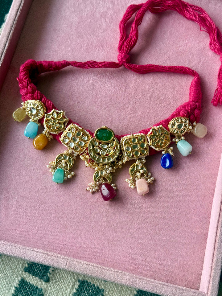 Pink Braided Kundan Motif Fusion Necklace