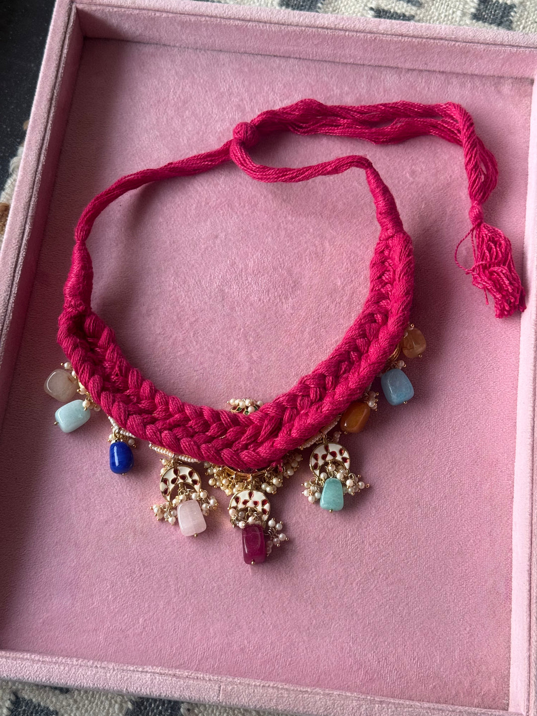 Pink Braided Kundan Motif Fusion Necklace