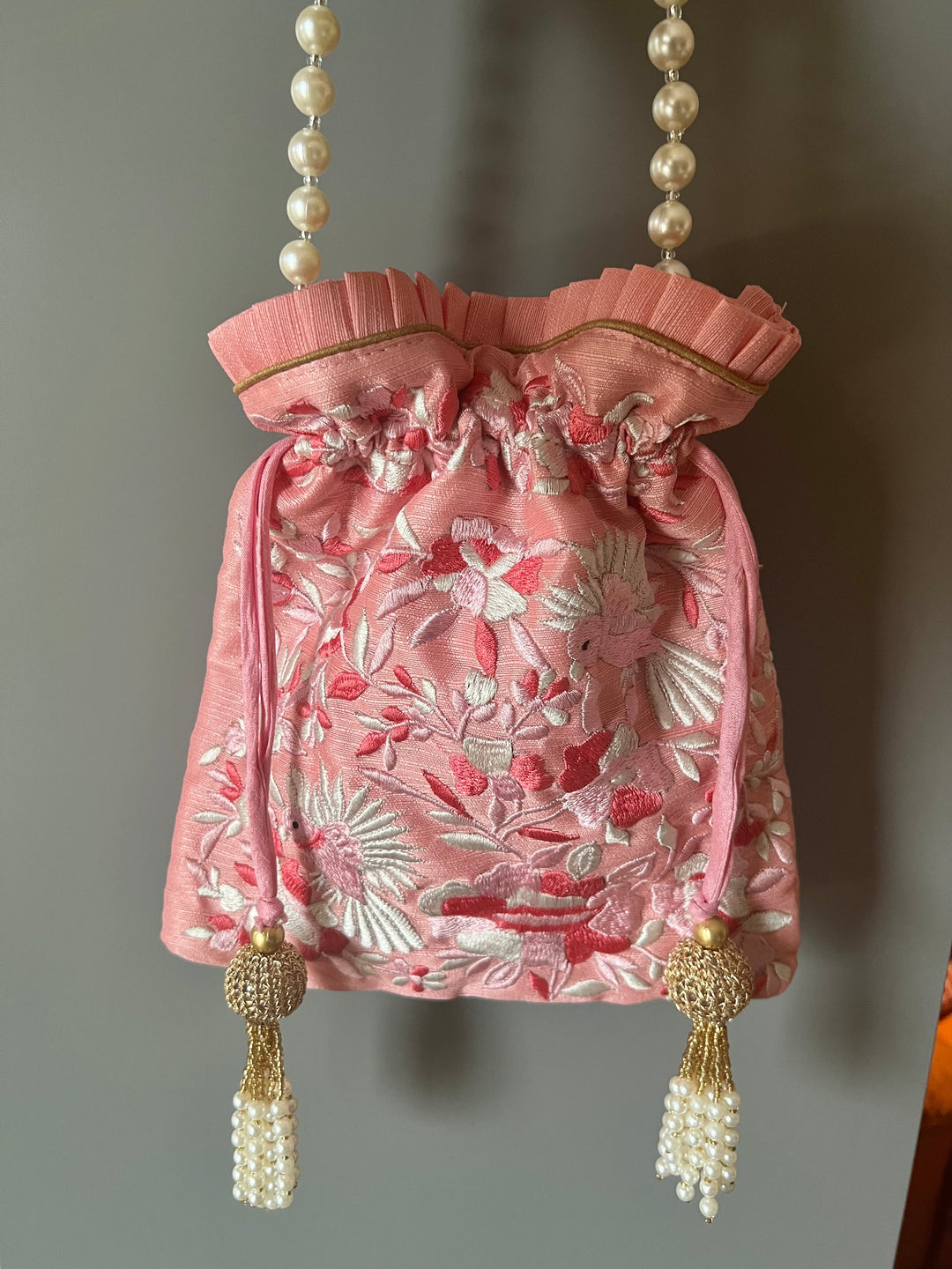 Pink Embroidered Silk Potli Bag