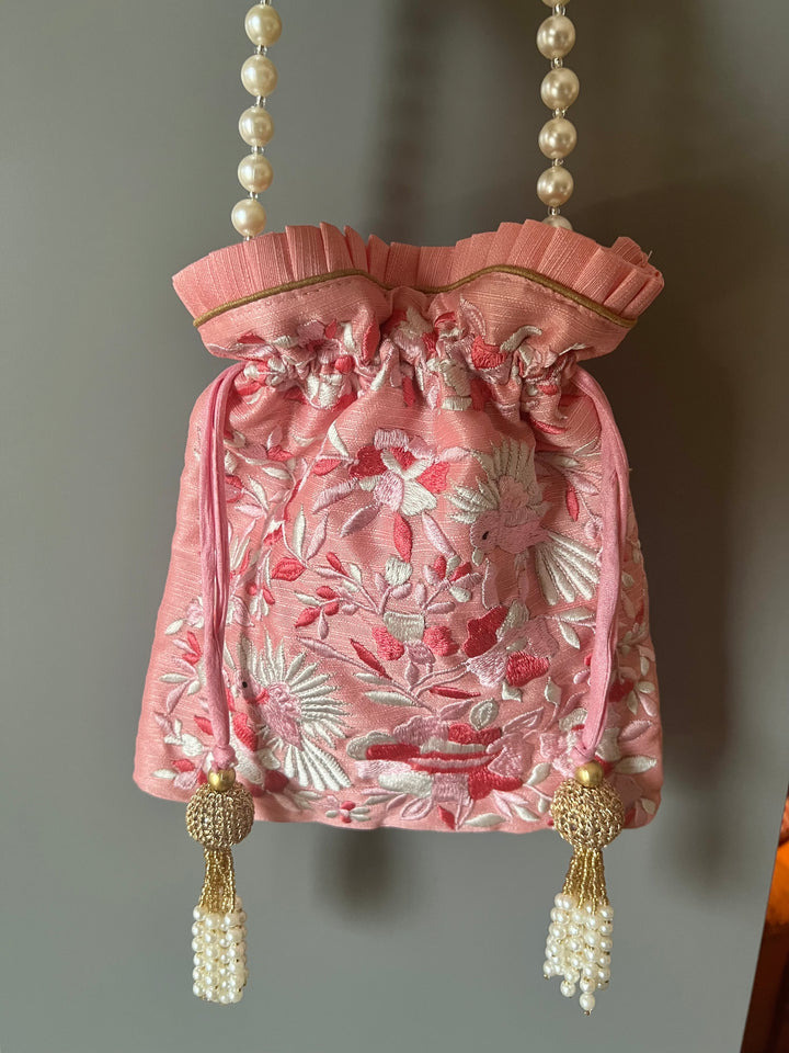 Pink Embroidered Silk Potli Bag