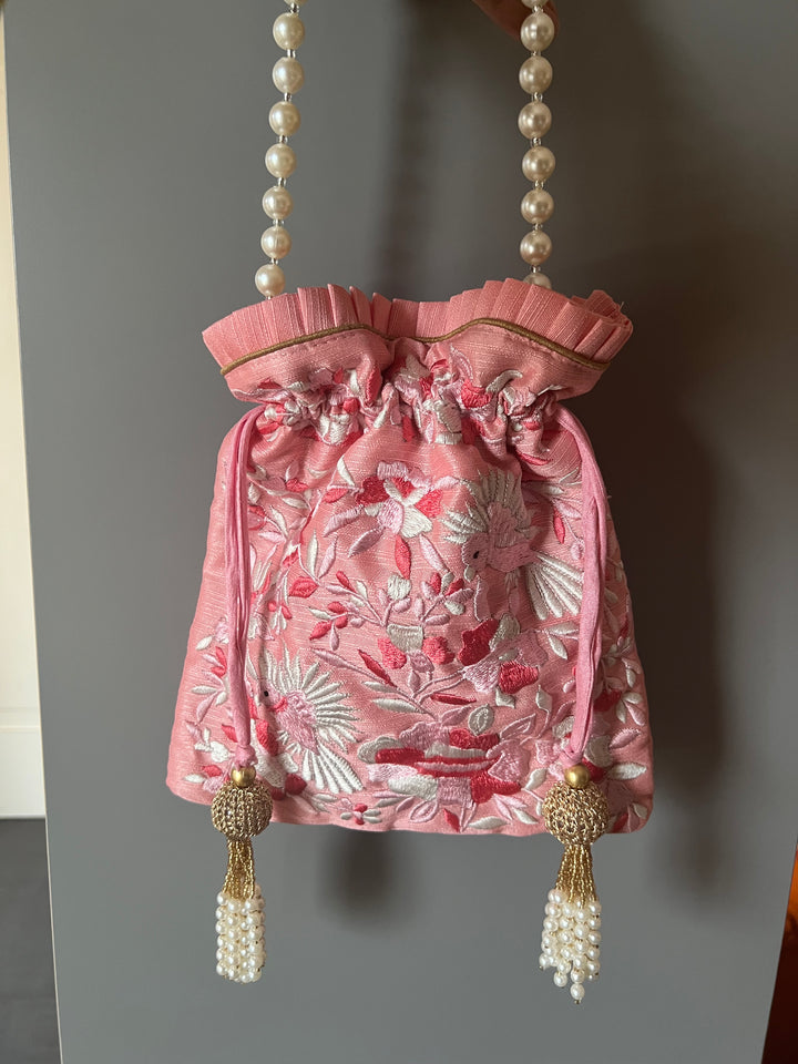 Pink Embroidered Silk Potli Bag