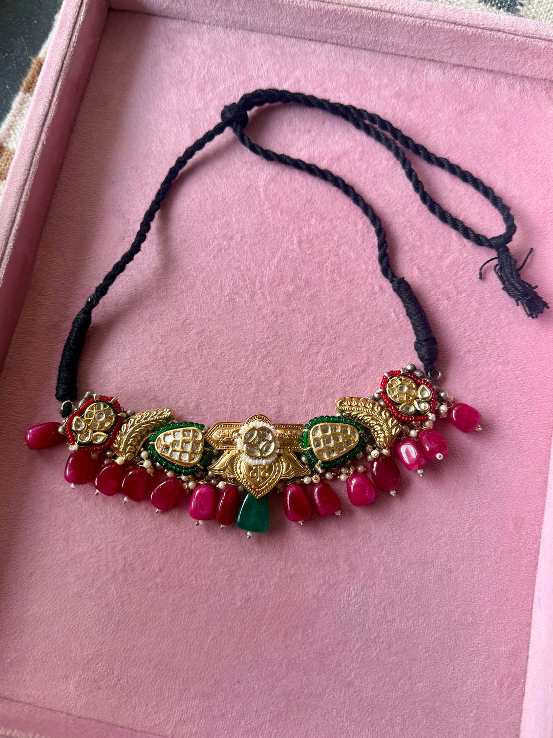 Green and Ruby-Red Temple Kundan Fusion Choker