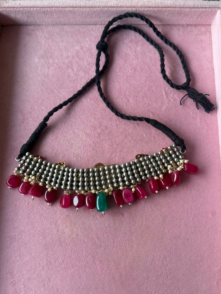 Green and Ruby-Red Temple Kundan Fusion Choker