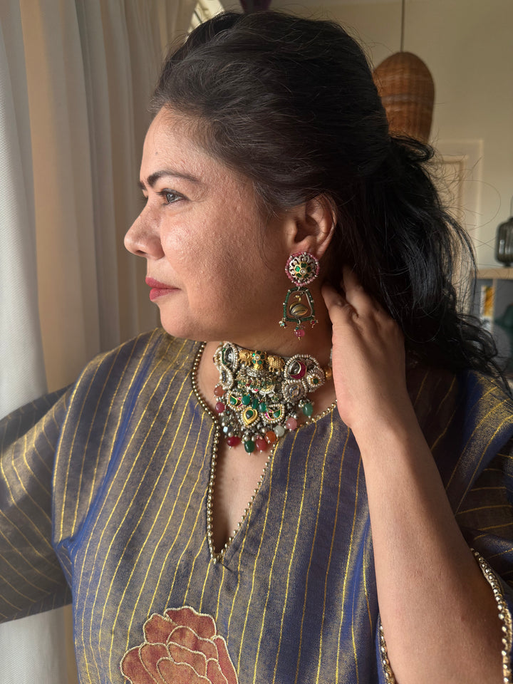 Handmade 925 Silver Multi Gemstone Kundan Fusion Choker Set | SHIVKA