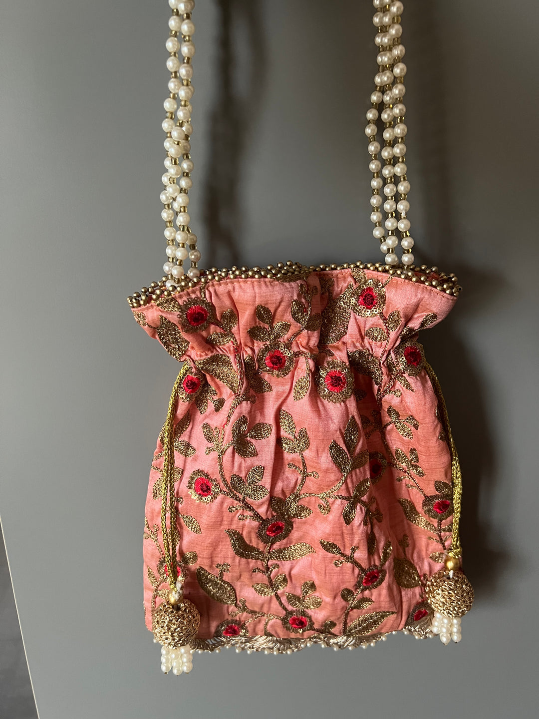 Pink Embroidered Silk Potli Bag