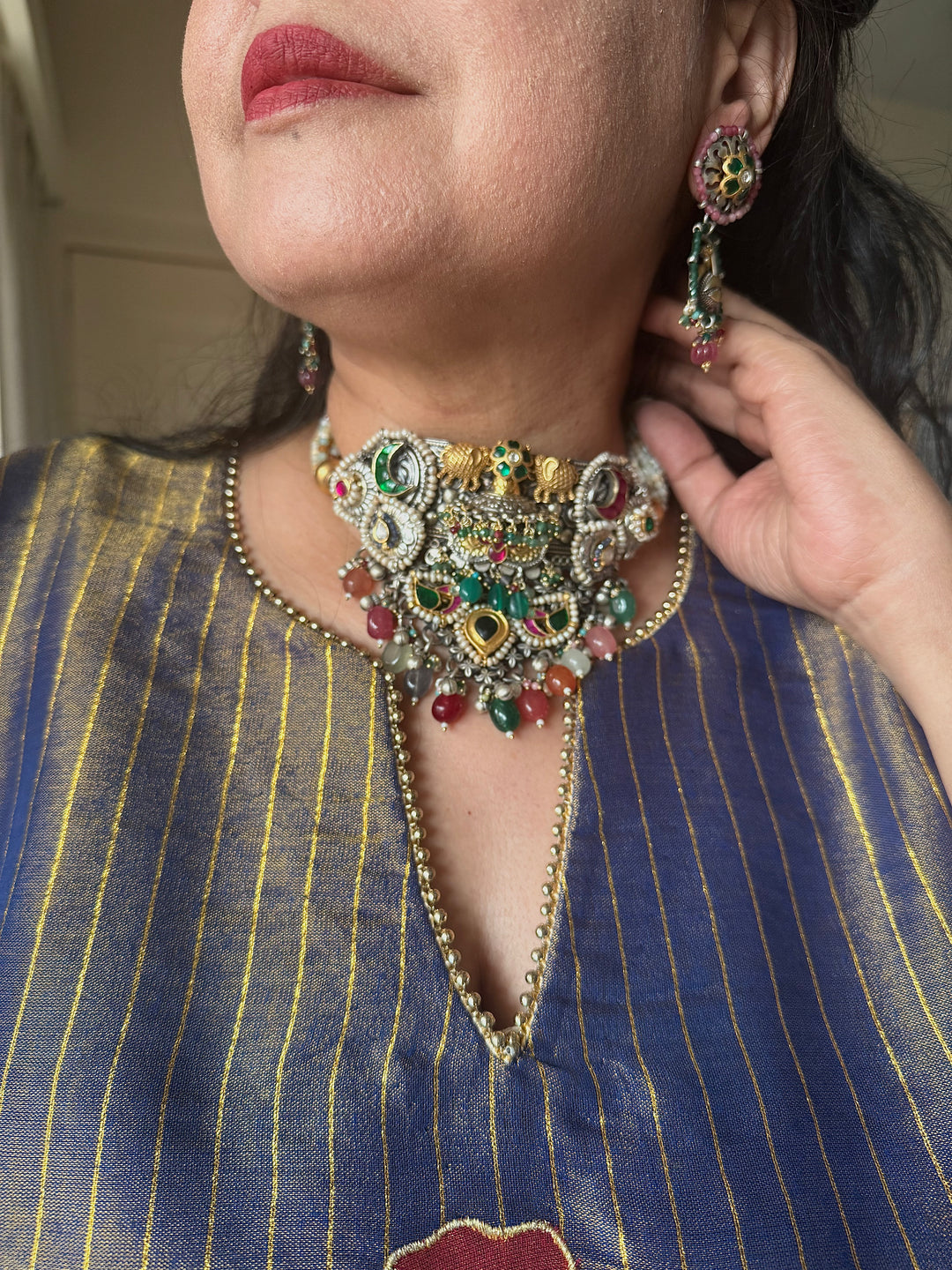 Handmade 925 Silver Multi Gemstone Kundan Fusion Choker Set | SHIVKA