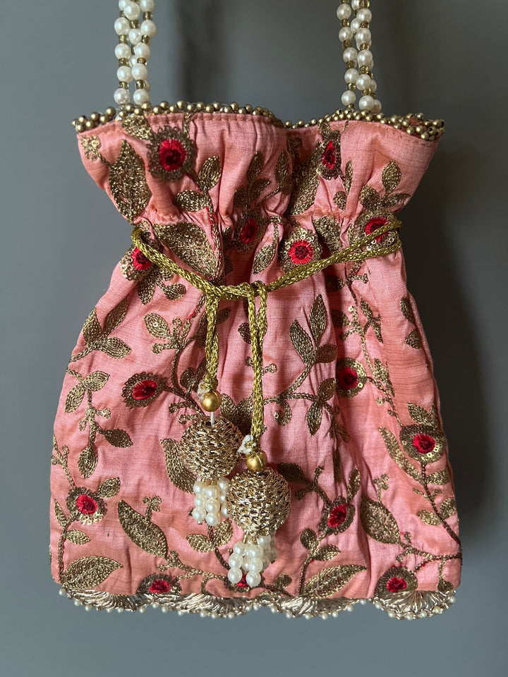Pink Embroidered Silk Potli Bag